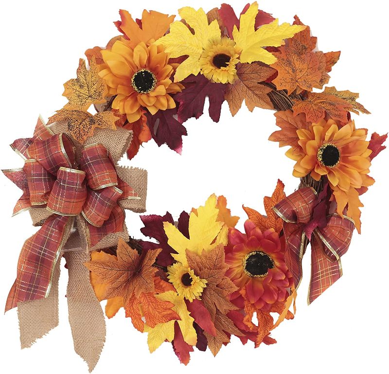 Photo 1 of 20" Fall Wreath for Front Door Fall Decoration with Sunflower Fall Bows Harvest Wreath for Front Door Autumn Thanksgiving Halloween Decorations Home Decor
