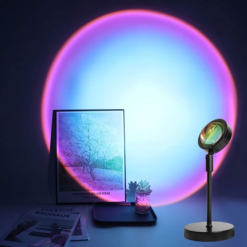 Photo 1 of Sunset Projector Led Lamp, Modern Romantic Atmosphere Led Night Light Projector with 180° Rotation and USB Charging, Sunset Rainbow Lamps Decor for Birthday Party Living Room Bedroom
