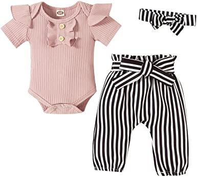 Photo 1 of Infant Toddler Baby Girl Clothes Outfits Newborn Ruffle Short Sleeve Romper Bodysuit Pants Headband 3PCS Sets size 18-24 months 