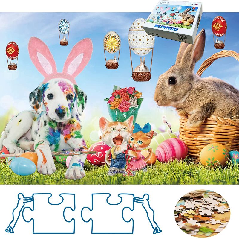 Photo 1 of Jigsaw Puzzles 1000 Pieces Cute Animals, 29.5" x 19.7" Gifts Home Decoration, Dog Cats Rabbit Dinosaur Egg Hot Air Balloon Cartoons for Kids Large Puzzle Game Toys
