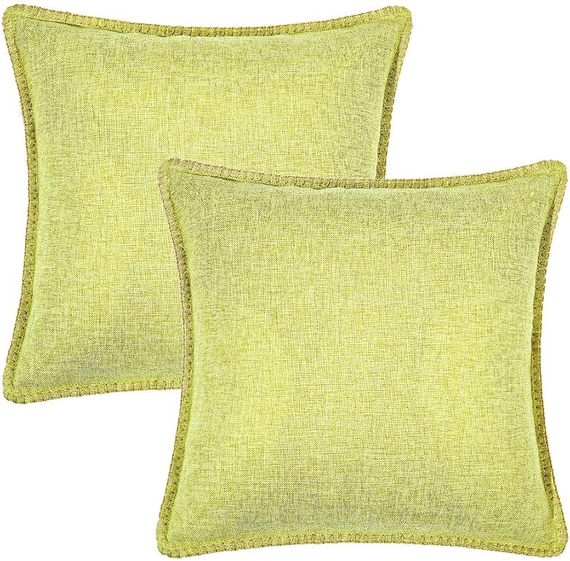 Photo 1 of decorUhome Decorative Throw Pillow Covers 26x26 Set of 2, Square Linen Farmhouse Pillow Covers with Stitched Edge, Rustic Pillow Covers for Couch, Sofa, Living Room, Chartreuse Green
