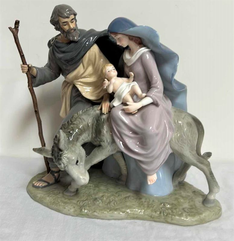 Photo 1 of PORCELAIN FIGURE JESUS MARY AND BABY JESUS ON DONKEY 12” x 12”