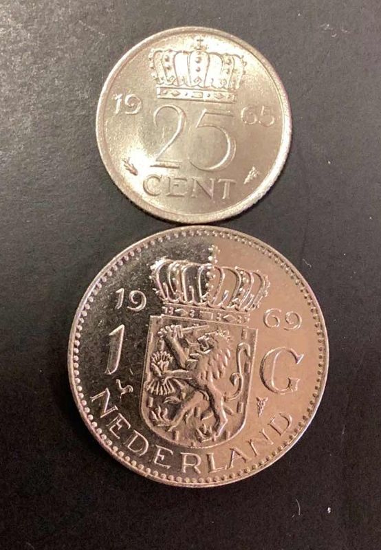Photo 2 of 1965 NETHERLANDS 25 CENTS AND 1969 NETHERLANDS 1 GULDAN COINS