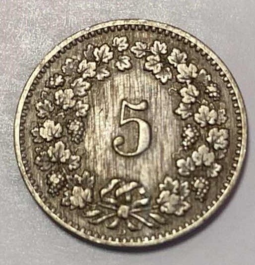 Photo 2 of 1890-8 SWITZERLAND 5 RAPPEN COIN