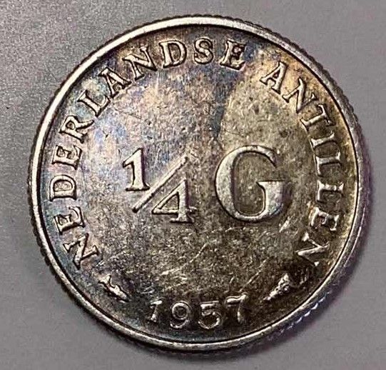 Photo 2 of 1957 NETHERLANDS 1/4 G 999S COIN