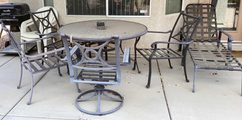 Photo 9 of 5 PIECE PATIO SET & CHAISE LOUNGE Patio table bronze metal Coleman 51” ROUND