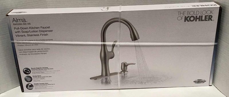 Photo 1 of KOHLER ALMA PULL-DOWN KITCHEN FAUCET WITH SOAP/LOTION DISPENSER STAINLESS FINISH. FACTORY SEALED R45350-SD-VS