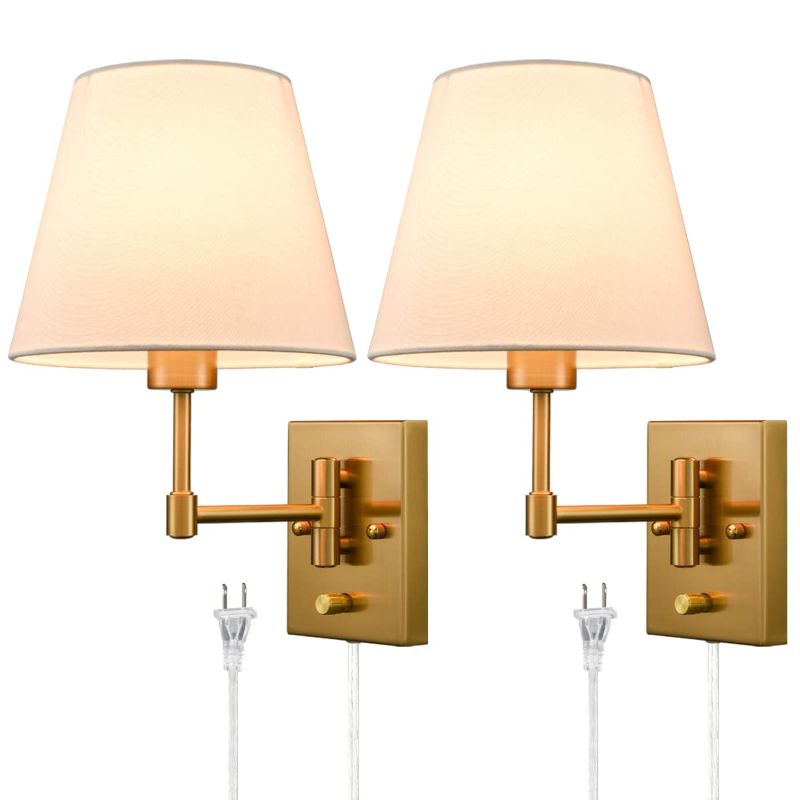 Photo 1 of SAMTEEN Plug-In Wall Sconces Set Of Two Beige Shade Swing Arm Wall Lamp With Plug-In Cord Wall Mount Reading Light Gold
