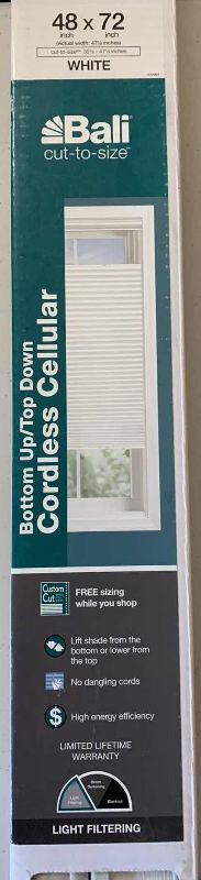 Photo 1 of BALI BOTTOM UP/TOP DOWN CORDLESS CELLULAR WINDOW BLIND IN WHITE 48” X 72”