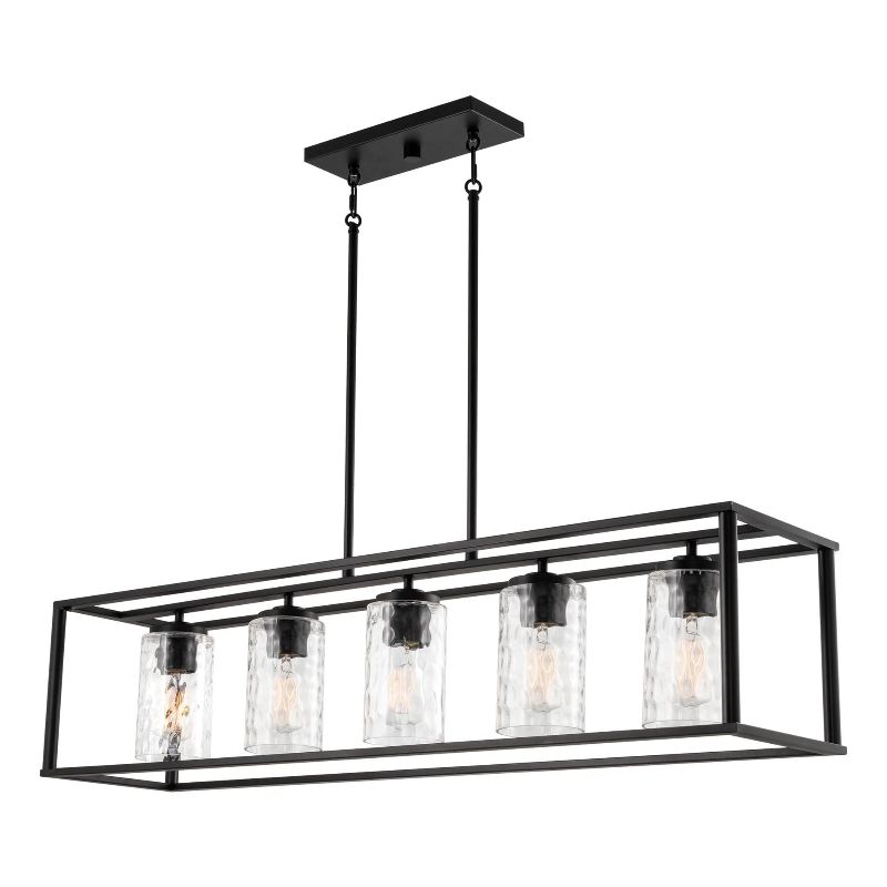 Photo 1 of Kira Home Ryder 42" 5-Light Modern Industrial Farmhouse Island Light + Clear Hammered Glass Shades, Adjustable Hanging Height, Black Finish