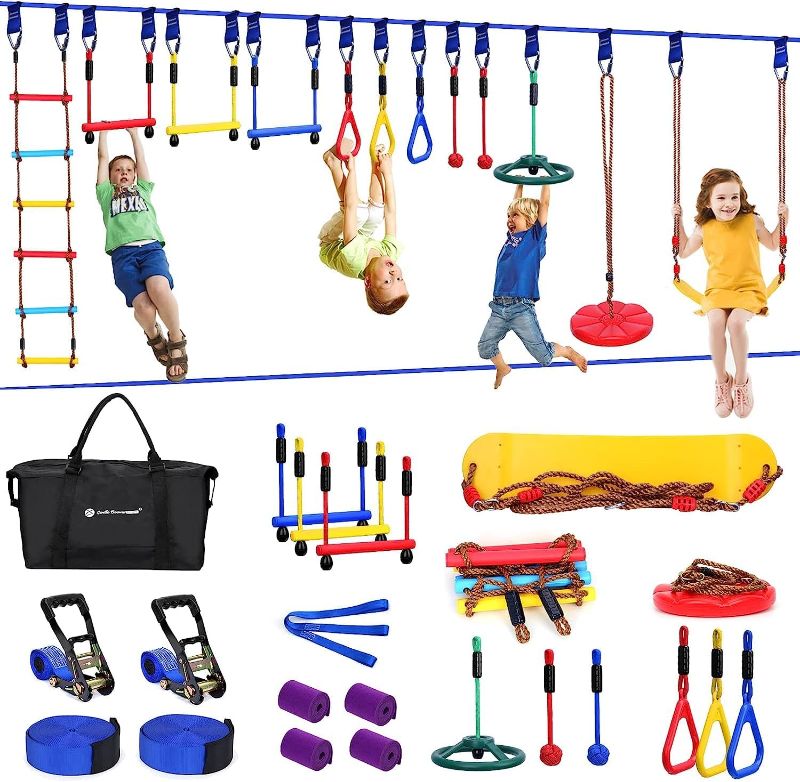 Photo 1 of SWING ACCESSOIRES  2x65 FT Ninja Warrior Obstacle Course For Kids With 13 Ninja Accessories - 600lbs Weight Capacity, Slackline With Swing Seat, Disc Swing, Ninja Wheel, Rope Ladder, Monkey Bar, Ninja Ring, Arm Trainer
