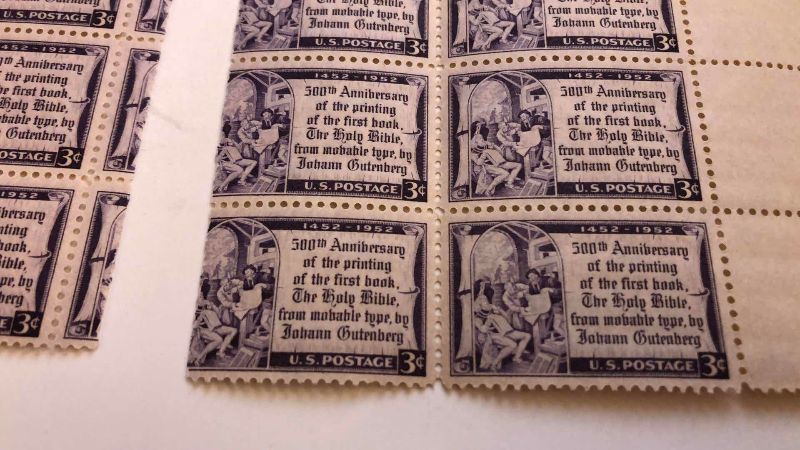 Photo 1 of UNITED STATES VINTAGE 1952 “BETSY ROSS BIRTH” 44 3 CENT STAMPS, 1965 “NEW YORK WORLD FAIR” 25 5 CENT STAMPS AND 1952 “ANNIVERSARY OF GUTENBERG BIBLE” 12 3 CENT STAMPS