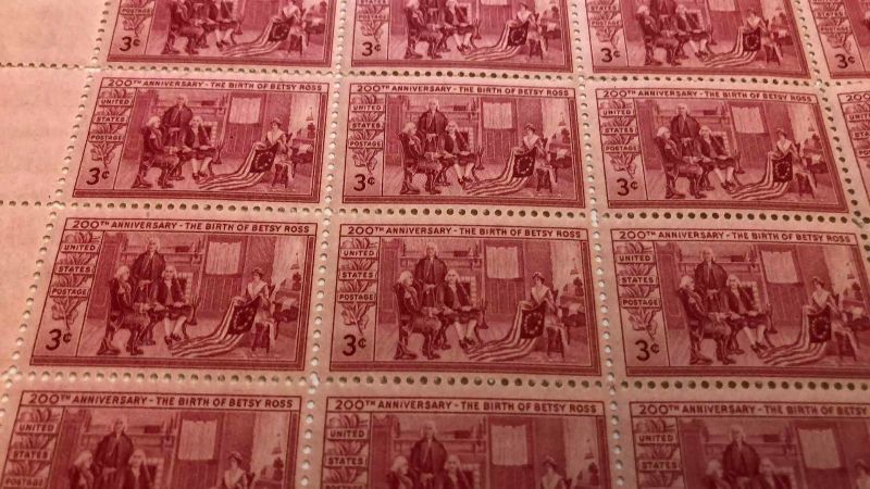 Photo 1 of UNITED STATES VINTAGE 1952 “BETSY ROSS BIRTH” 44 3 CENT STAMPS, 1965 “NEW YORK WORLD FAIR” 25 5 CENT STAMPS AND 1952 “ANNIVERSARY OF GUTENBERG BIBLE” 12 3 CENT STAMPS