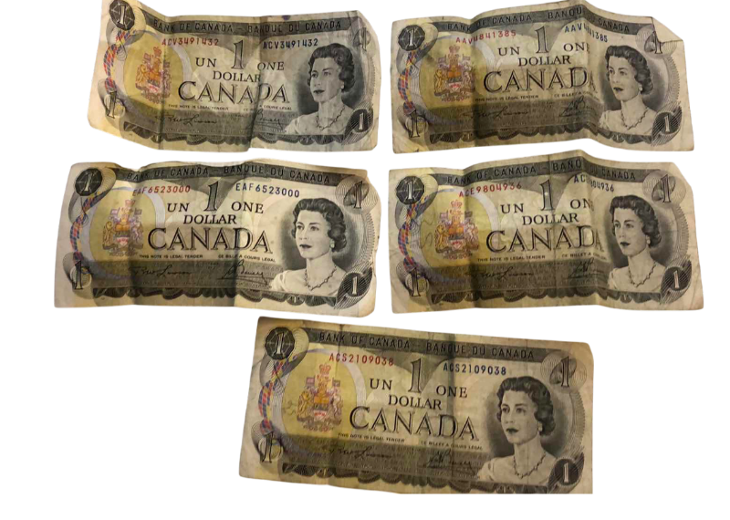 Photo 1 of 5 VINTAGE 1973 CANADIAN 1 DOLLAR BILLS