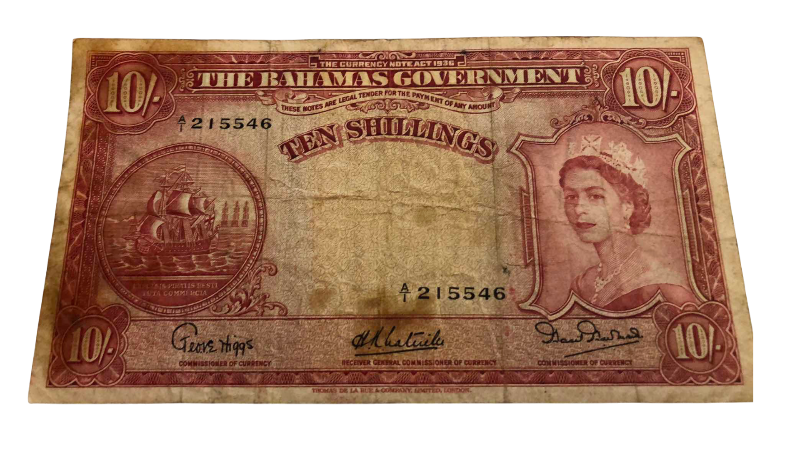 Photo 1 of VINTAGE 1936 BAHAMAS 10 SHILLINGS BANK NOTE