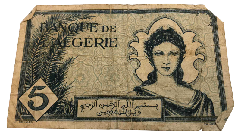 Photo 1 of VINTAGE 1942 ALGERIA 5 FRANC BANKNOTE