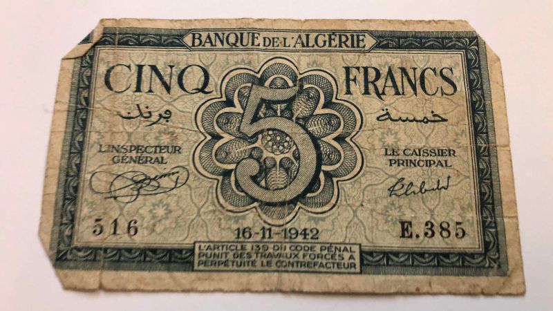 Photo 1 of VINTAGE 1942 ALGERIA 5 FRANC BANKNOTE