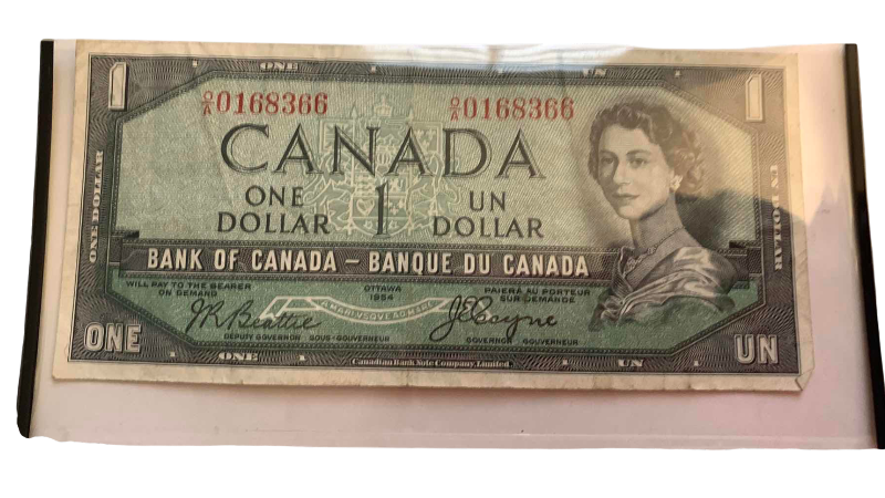 Photo 1 of VINTAGE 1954 CANADIAN 1 DOLLAR BANKNOTE