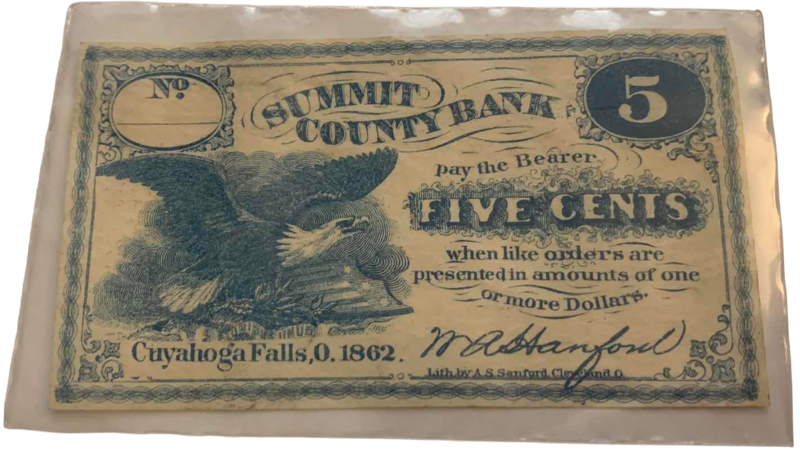Photo 1 of ANTIQUE 1862 SUMMIT COUNTY 5 CENT BANKNOTE