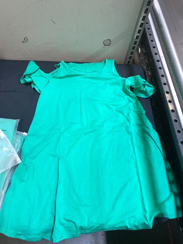 Photo 1 of GRAPENT GIRLS COLD SHOULDER RUFFLED SHORT SLEEVE CASAUL TUNIC SHIRT DRESS GREEN BLUE 
MEDIUM (6-7YEARS OLD)