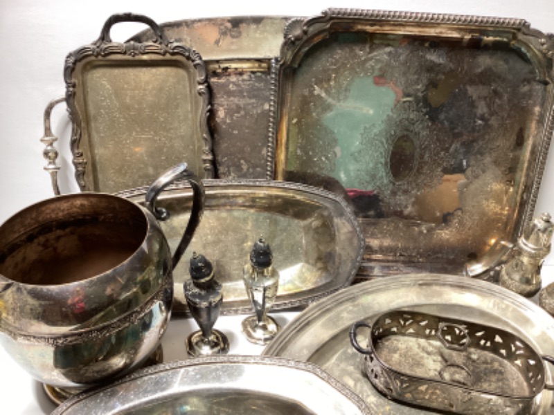 Photo 2 of VINTAGE SILVER-PLATE
TRAYS, PITCHER & SALT & PEPPER SHAKERS & MORE