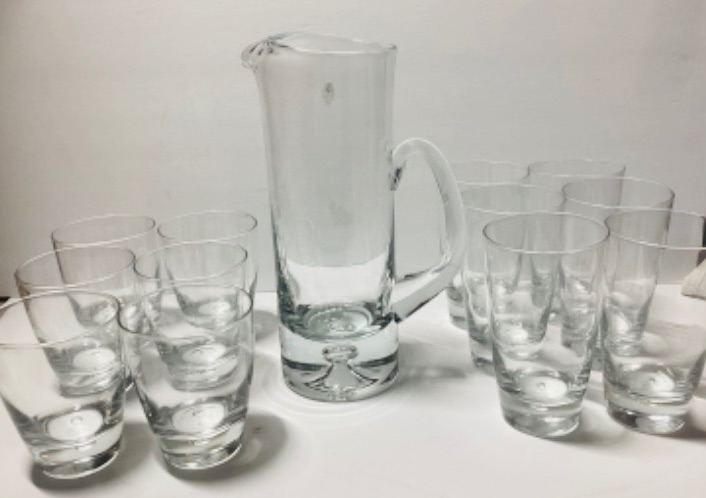 Photo 1 of KROSNO HAND-BLOWN TALL CRYSTAL FLOATING BUBBLE THICK WEIGHTED BASE PITCHER AND CUPS 