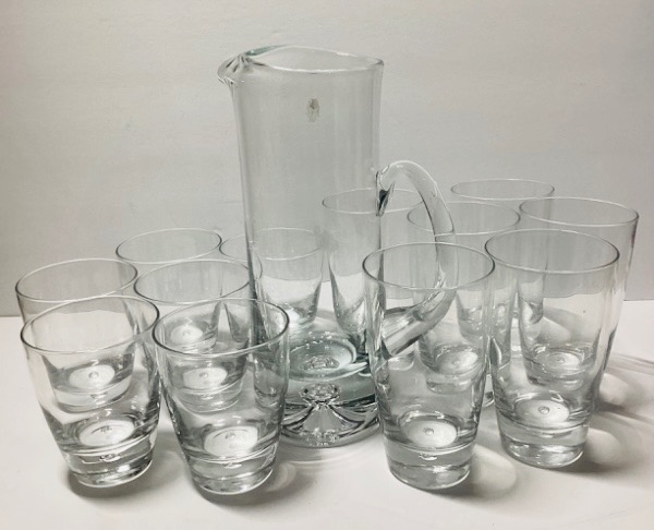 Photo 3 of KROSNO HAND-BLOWN TALL CRYSTAL FLOATING BUBBLE THICK WEIGHTED BASE PITCHER AND CUPS 