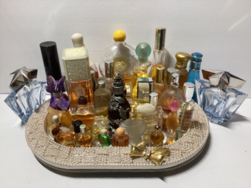 Photo 1 of VANITY TRAY & PERFUME BOTTLES SOME HALF FULL SOME EMPTY 