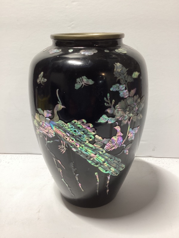 Photo 1 of VINTAGE CLOISONNÉ FLOWER PEACOCK MOTIF VASE BLACK ENAMEL 9” TALL