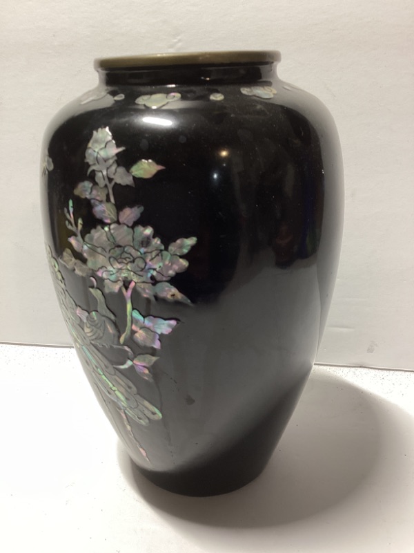 Photo 2 of VINTAGE CLOISONNÉ FLOWER PEACOCK MOTIF VASE BLACK ENAMEL 9” TALL