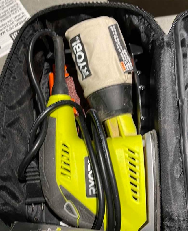 Photo 1 of RYOBI PALM SANDER IN CASE AND A RYOBI 18V POWER INFLATOR