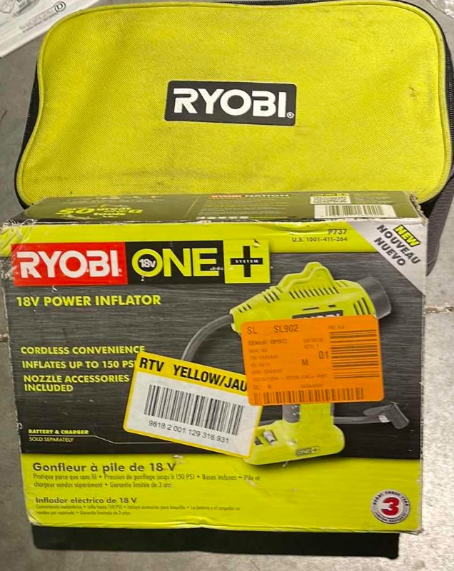 Photo 1 of RYOBI PALM SANDER IN CASE AND A RYOBI 18V POWER INFLATOR