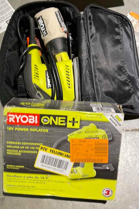 Photo 3 of RYOBI PALM SANDER IN CASE AND A RYOBI 18V POWER INFLATOR