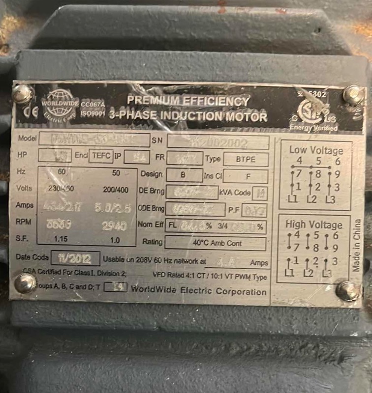 Photo 2 of PREMIUM EFFICIENT SEVERE DUTY MOTOR BY WORLDWIDE ELECTRIC COMPANY DATE CODE 11/20/12