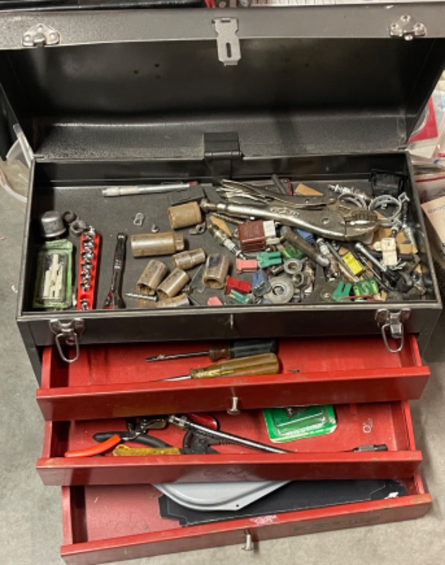 Photo 1 of METAL 3 DRAWER TOOL BOX WITH MISCELLANEOUS TOOLS