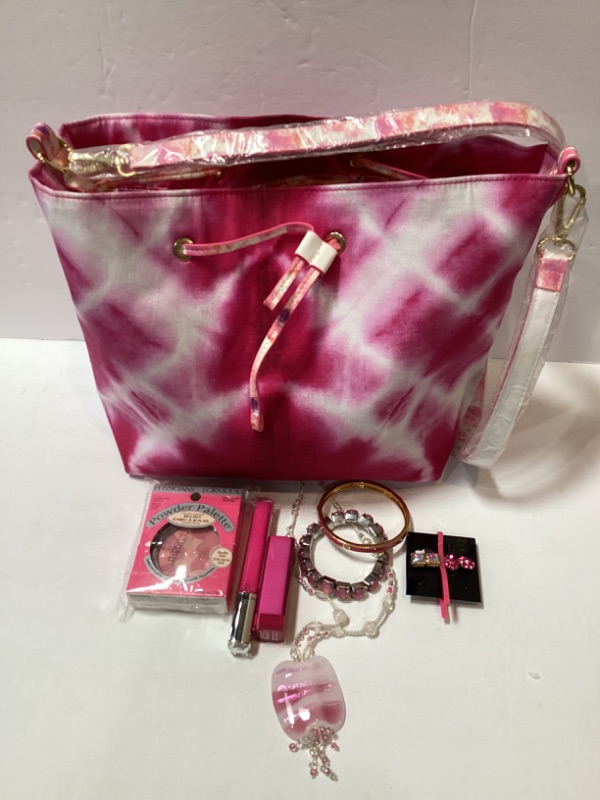 Photo 1 of UPCYCLED BOHO TIE DYE BAG NOS & MATCHING PINK JEWELRY & MAKEUP