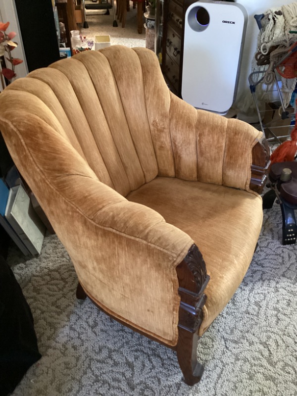 Photo 2 of ANTIQUE GOLD VELVET & WOOD CLUB CHAIR 28” X 30” X 33”