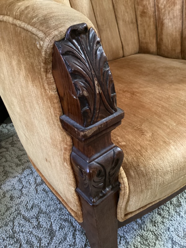 Photo 4 of ANTIQUE GOLD VELVET & WOOD CLUB CHAIR 28” X 30” X 33”