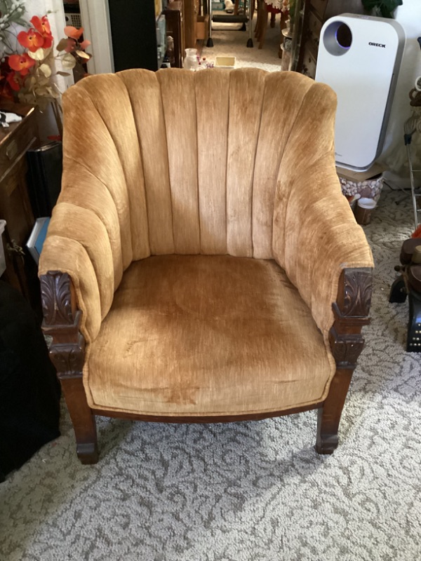 Photo 1 of ANTIQUE GOLD VELVET & WOOD CLUB CHAIR 28” X 30” X 33”