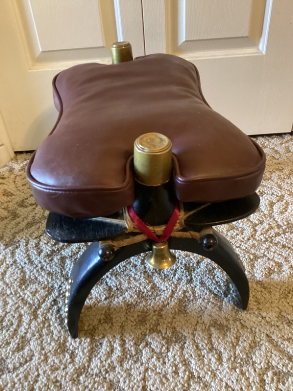 Photo 3 of VINTAGE CAMEL SADDLE FOOT STOOL WITH BRASS COVERED CAPS 19” X 11 X 14”