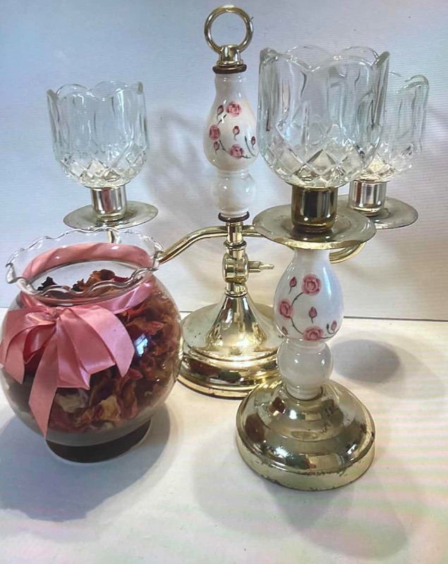 Photo 1 of VINTAGE CANDLE HOLDERS WITH ROSE MOTIF & POTPOURRI