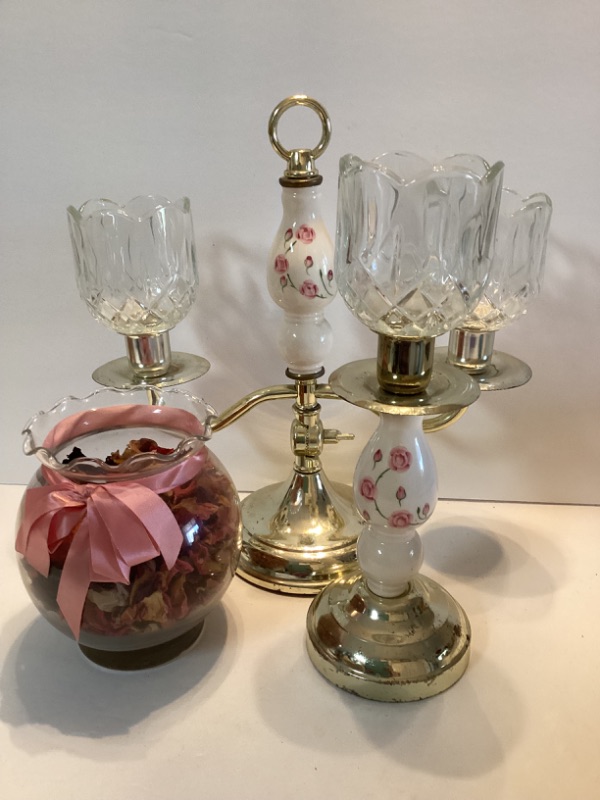 Photo 2 of VINTAGE CANDLE HOLDERS WITH ROSE MOTIF & POTPOURRI