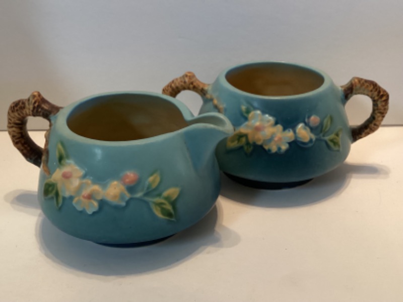 Photo 1 of ROSEVILLE POTTERY USA TURQUOISE  AND FLOWERS SUGAR & CREAMER - MORE OF THIS COLLECTION IN AUCTION 