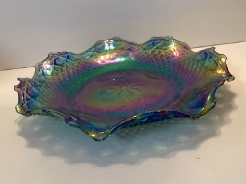 Photo 3 of BLUE HARVEST CARNIVAL GLASS RUFFLED EDGE PLATTER 10”