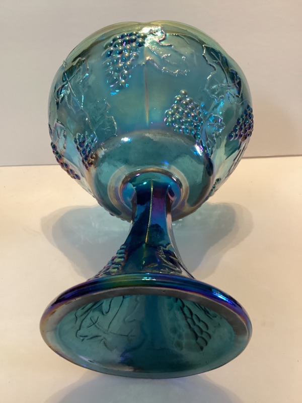 Photo 3 of CARNIVAL BLUE HARVEST GRAPE PEDESTAL CANDY DISH 10” TALL