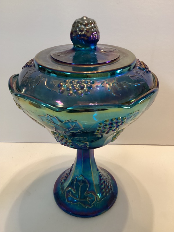 Photo 1 of CARNIVAL BLUE HARVEST GRAPE PEDESTAL CANDY DISH 10” TALL