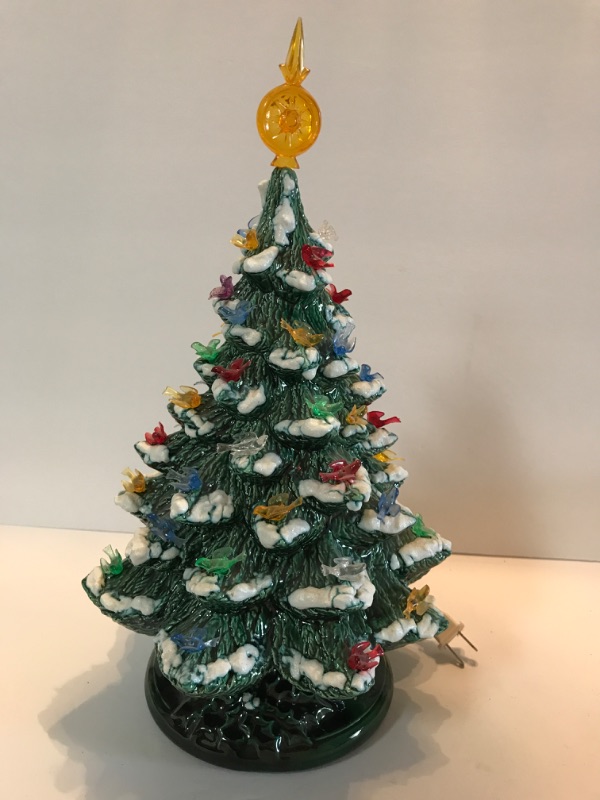 Photo 2 of VINTAGE CERAMIC CHRISTMAS TREE - SNOW TIPPED WITH MINIATURE BIRD LIGHTS & HOLLY LEAF MOTIF BASE 16” H