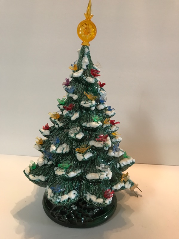 Photo 1 of VINTAGE CERAMIC CHRISTMAS TREE - SNOW TIPPED WITH MINIATURE BIRD LIGHTS & HOLLY LEAF MOTIF BASE 16” H