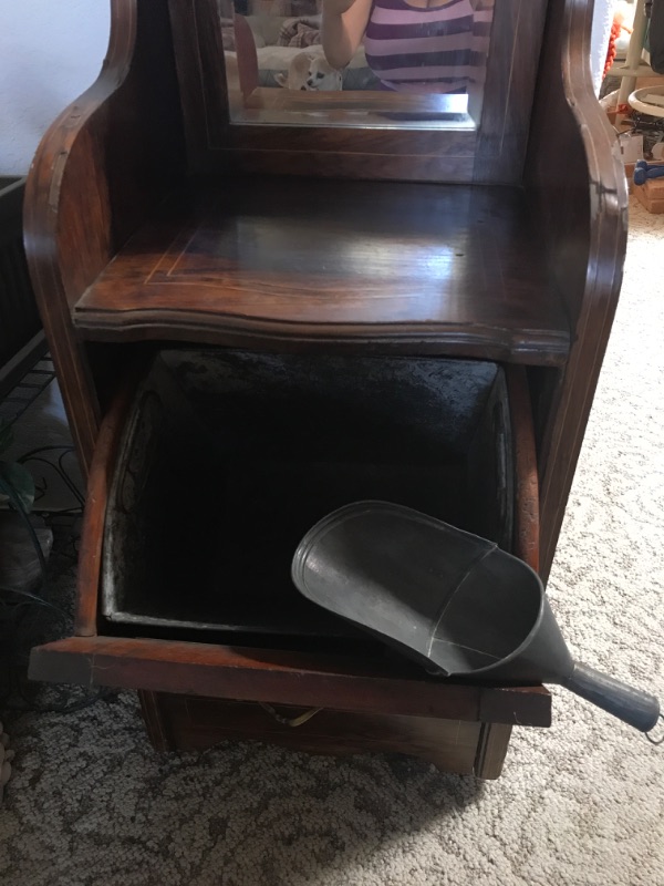 Photo 3 of ANTIQUE VICTORIAN STYLE WOOD WITH INLAY, MIRRORED BACK COAL SCUTTLE/ STORAGE BIN
15” X 13” X 37”