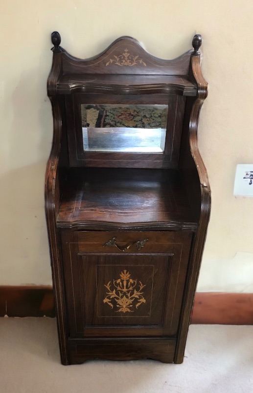 Photo 1 of ANTIQUE VICTORIAN STYLE WOOD WITH INLAY, MIRRORED BACK COAL SCUTTLE/ STORAGE BIN
15” X 13” X 37”